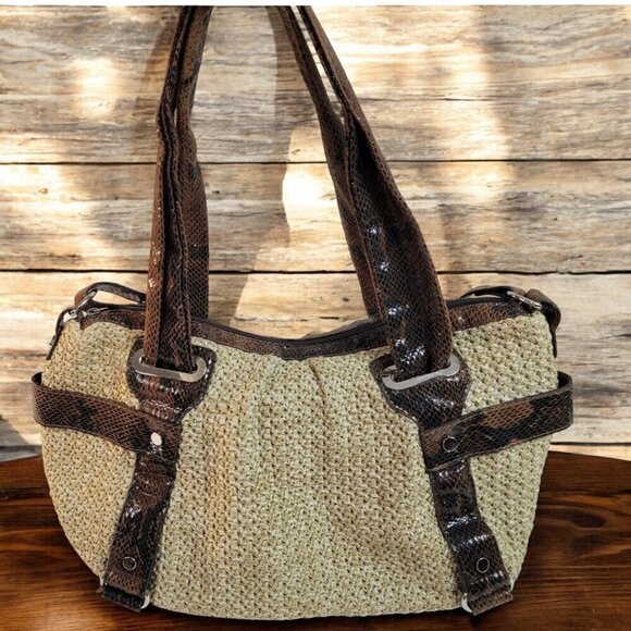 Mondani Straw & Faux Snakeskin Patent Leather Hobo Tote Bag - Picture 1 of 12